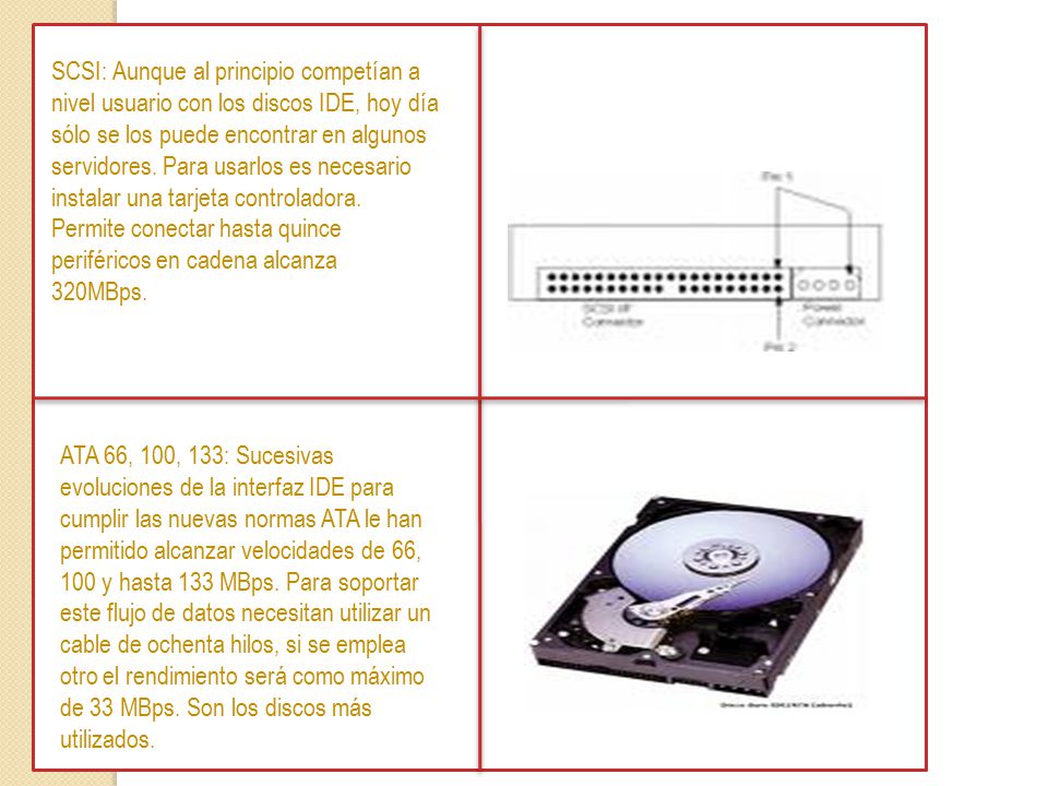 SCSI: Aunque al principio competían a nivel usuario con los discos IDE, hoy día sólo se los puede encontrar en algunos servidores. Para usarlos es necesario instalar una tarjeta controladora. Permite conectar hasta quince periféricos en cadena alcanza 320MBps.