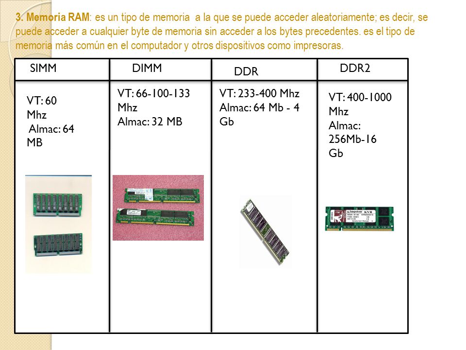 3. Memoria RAM: es un tipo de memoria a la que se puede acceder aleatoriamente; es decir, se puede acceder a cualquier byte de memoria sin acceder a los bytes precedentes. es el tipo de memoria más común en el computador y otros dispositivos como impresoras.