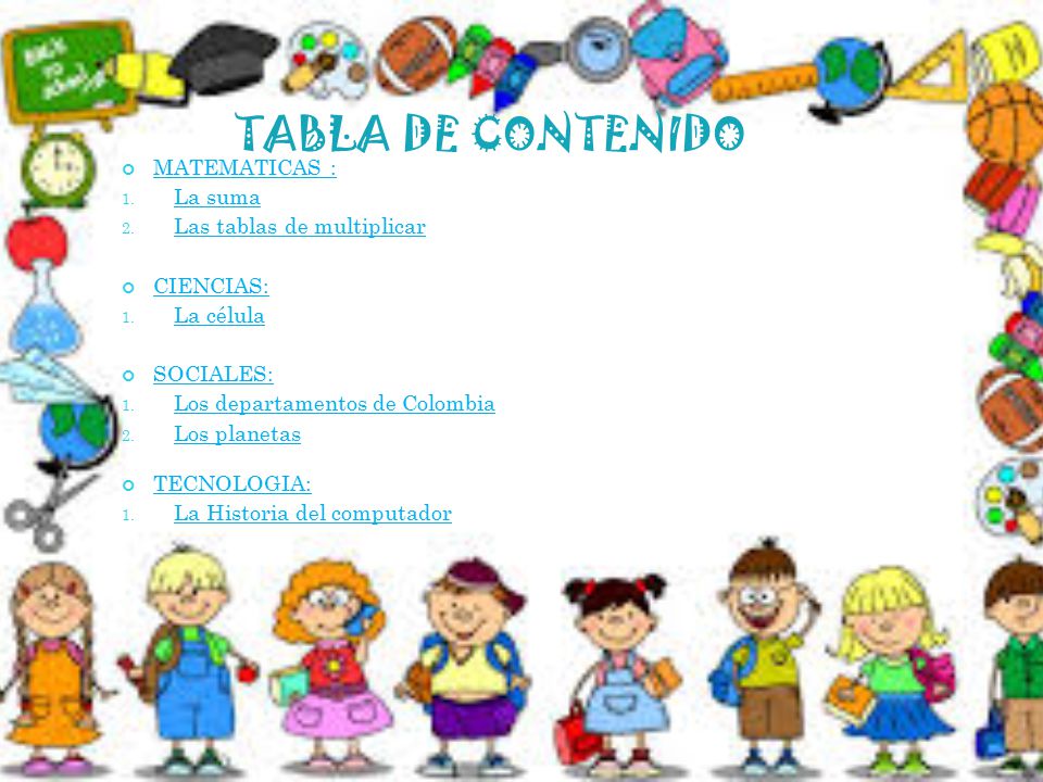 TABLA DE CONTENIDO MATEMATICAS : La suma Las tablas de multiplicar