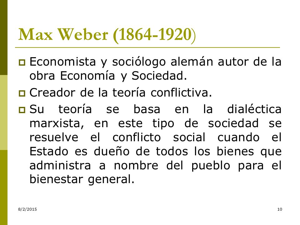 Max Weber ( ) Economista y sociólogo alemán autor de la obra Economía y Sociedad. Creador de la teoría conflictiva.