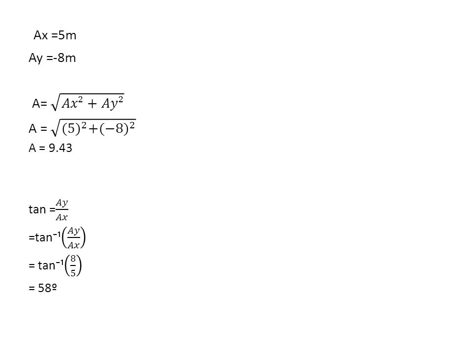 Ax =5m Ay =-8m A= 𝐴𝑥²+𝐴𝑦² A = (5) 2 + (−8) 2 A = 9.43 tan = 𝐴𝑦 𝐴𝑥