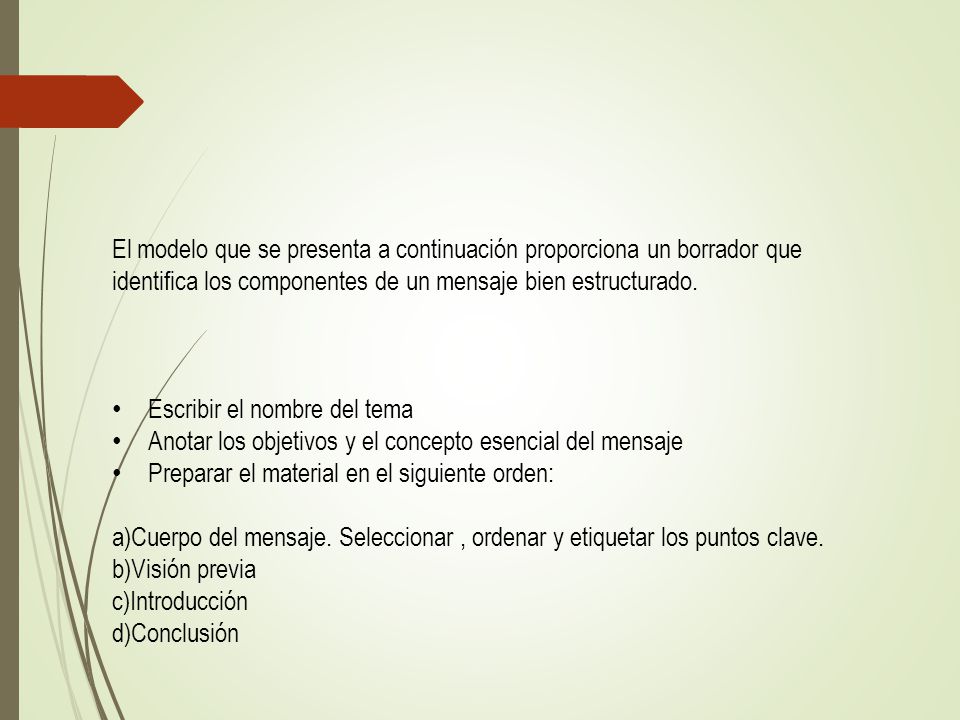 El modelo que se presenta a continuación proporciona un borrador que identifica los componentes de un mensaje bien estructurado.