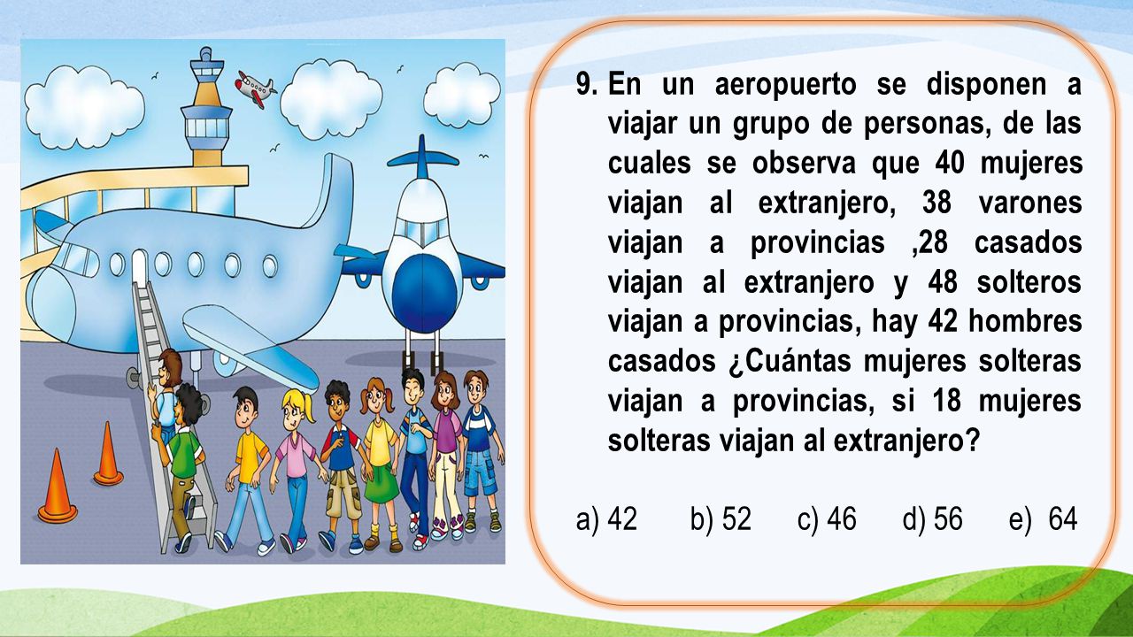 En un aeropuerto se disponen a viajar un grupo de personas, de las cuales se observa que 40 mujeres viajan al extranjero, 38 varones viajan a provincias ,28 casados viajan al extranjero y 48 solteros viajan a provincias, hay 42 hombres casados ¿Cuántas mujeres solteras viajan a provincias, si 18 mujeres solteras viajan al extranjero