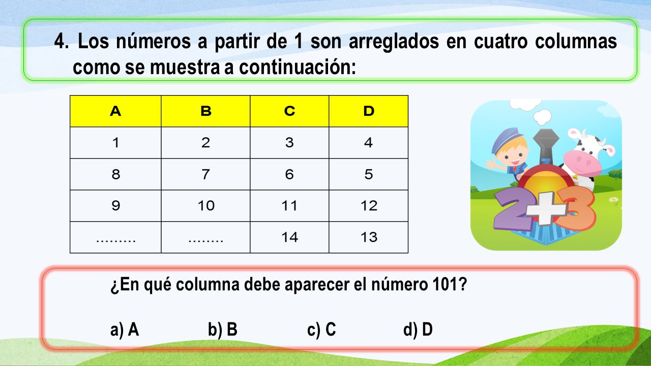 Los números a partir de 1 son arreglados en cuatro columnas como se muestra a continuación: