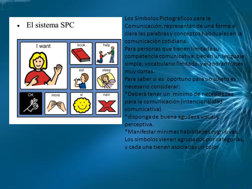 Los Símbolos Pictográficos para la Comunicación, representan de una forma e clara las palabras y conceptos habituales en la comunicación cotidiana.