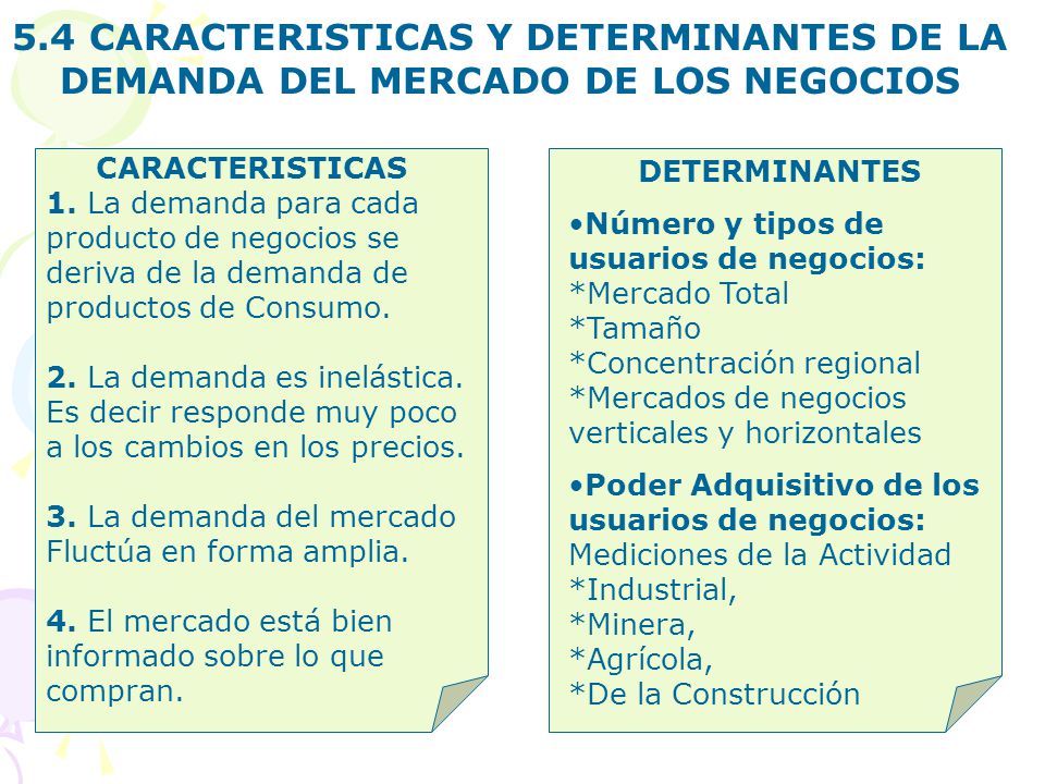 5.4 CARACTERISTICAS Y DETERMINANTES DE LA DEMANDA DEL MERCADO DE LOS NEGOCIOS