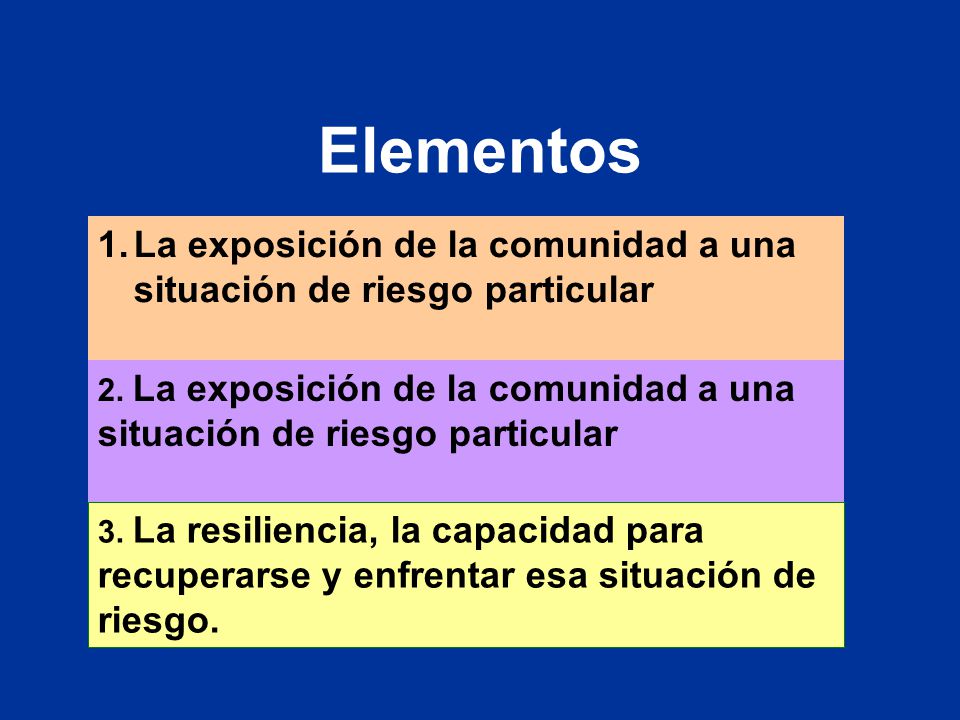 Elementos La exposición de la comunidad a una situación de riesgo particular. 2. La exposición de la comunidad a una situación de riesgo particular.