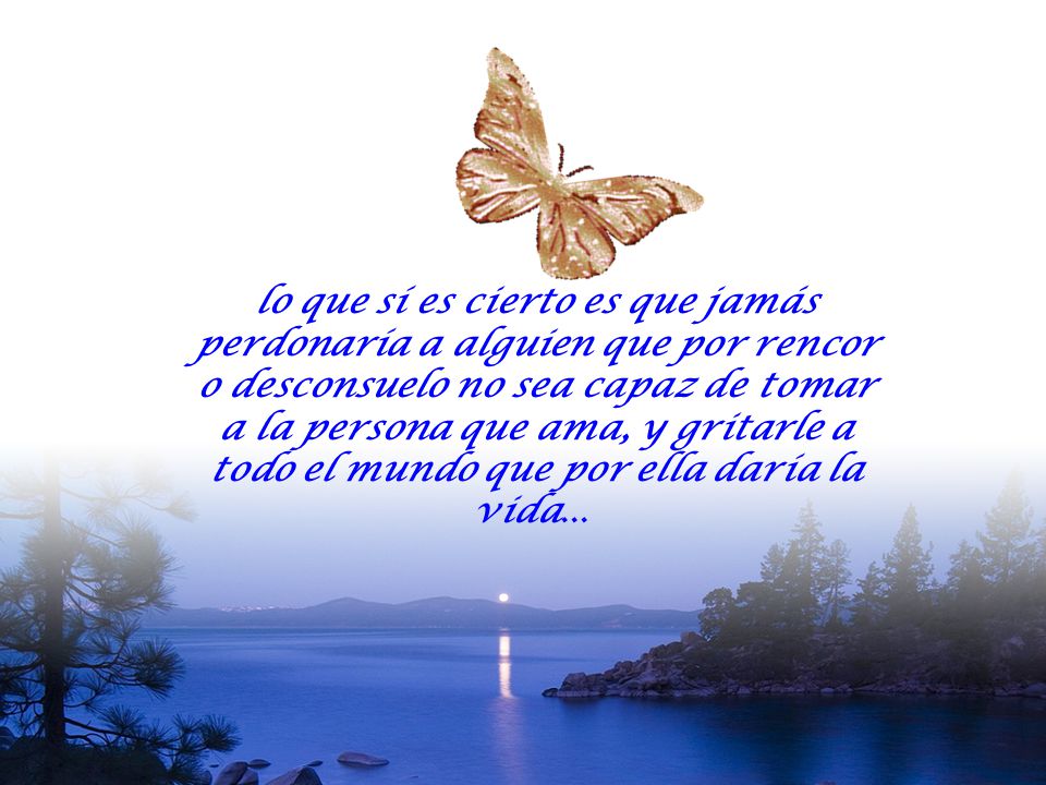 lo que sí es cierto es que jamás perdonaría a alguien que por rencor o desconsuelo no sea capaz de tomar a la persona que ama, y gritarle a todo el mundo que por ella daría la vida...