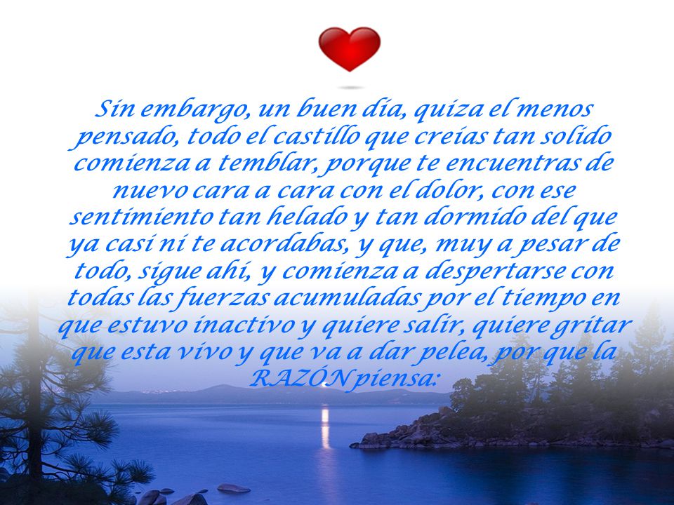 Sin embargo, un buen día, quiza el menos pensado, todo el castillo que creías tan solido comienza a temblar, porque te encuentras de nuevo cara a cara con el dolor, con ese sentimiento tan helado y tan dormido del que ya casi ni te acordabas, y que, muy a pesar de todo, sigue ahí, y comienza a despertarse con todas las fuerzas acumuladas por el tiempo en que estuvo inactivo y quiere salir, quiere gritar que esta vivo y que va a dar pelea, por que la RAZÓN piensa: