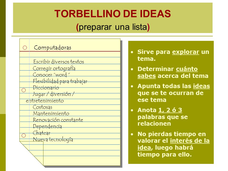 TORBELLINO DE IDEAS (preparar una lista)