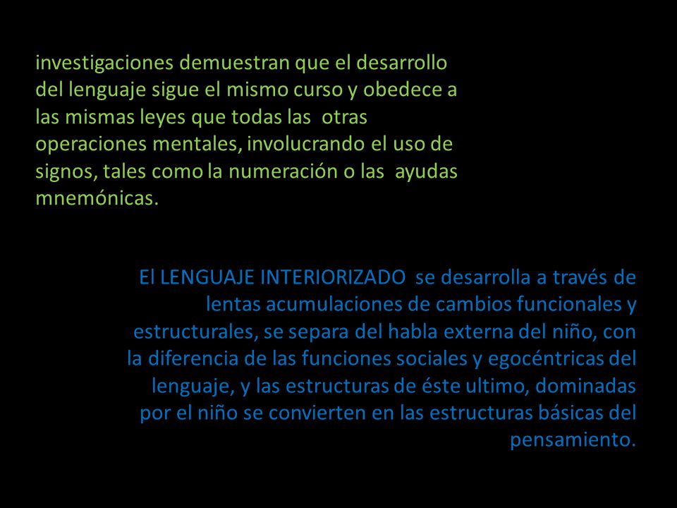 investigaciones demuestran que el desarrollo del lenguaje sigue el mismo curso y obedece a las mismas leyes que todas las otras operaciones mentales, involucrando el uso de signos, tales como la numeración o las ayudas mnemónicas.