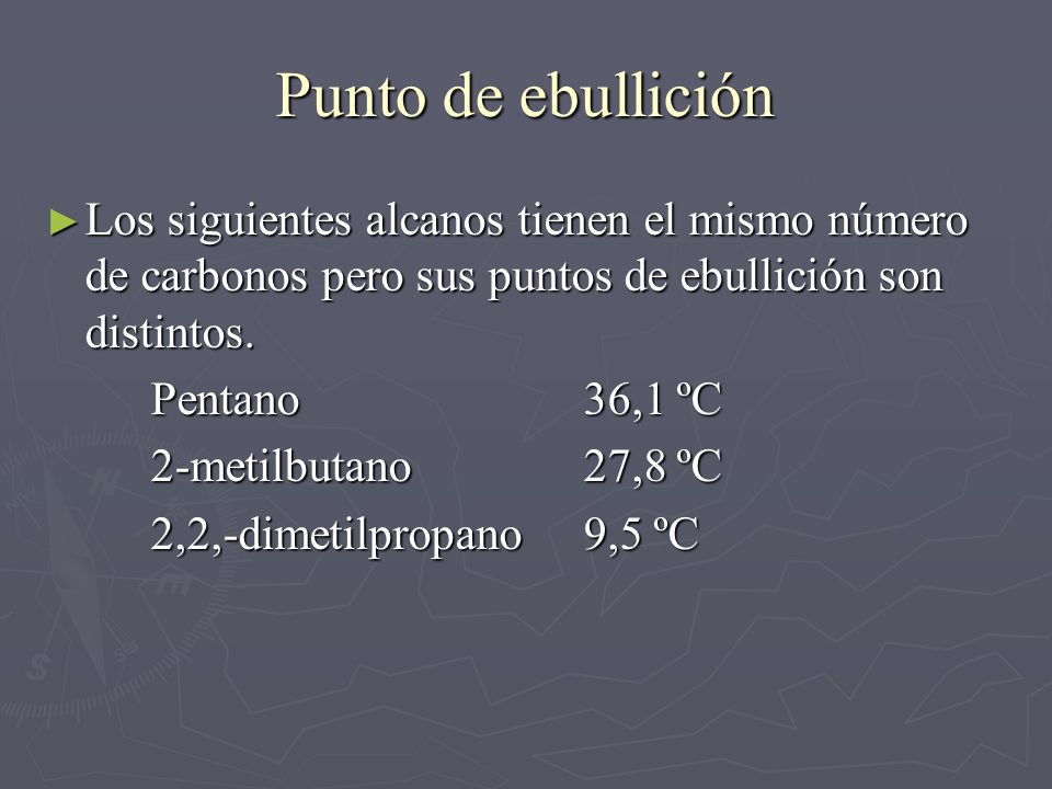 Punto de ebullición Los siguientes alcanos tienen el mismo número de carbonos pero sus puntos de ebullición son distintos.
