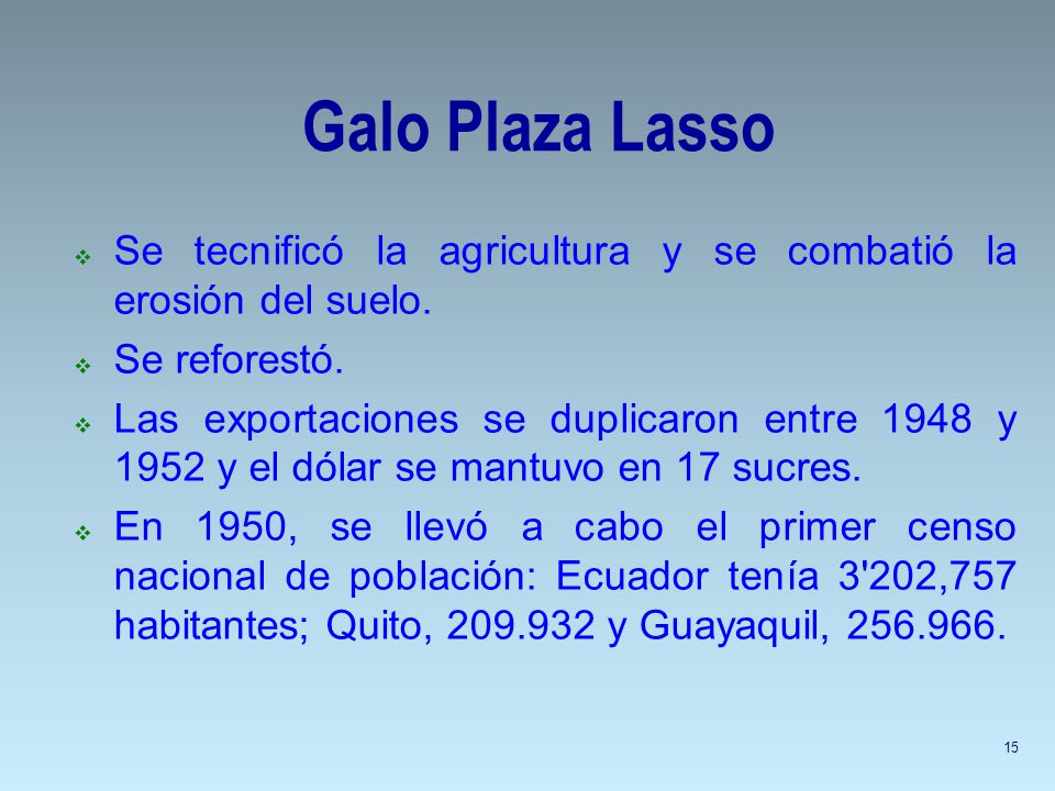 Galo Plaza Lasso Se tecnificó la agricultura y se combatió la erosión del suelo. Se reforestó.
