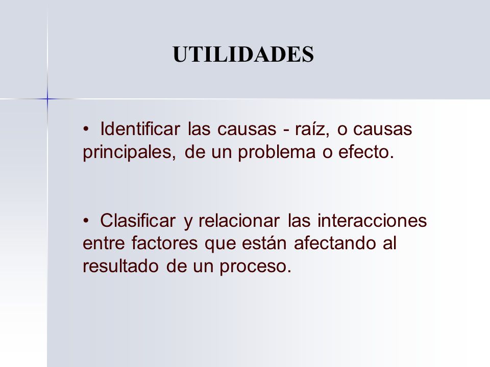 UTILIDADES Identificar las causas - raíz, o causas principales, de un problema o efecto.