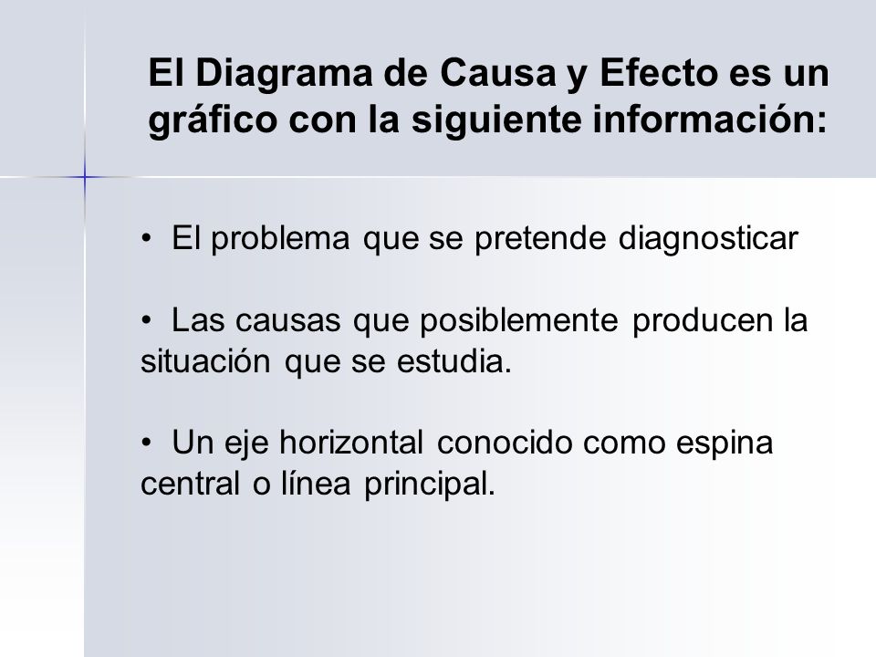El Diagrama de Causa y Efecto es un gráfico con la siguiente información: