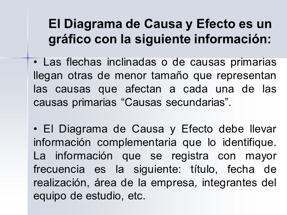 El Diagrama de Causa y Efecto es un gráfico con la siguiente información: