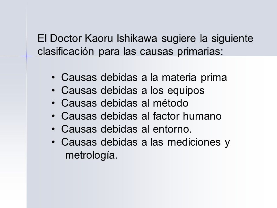 El Doctor Kaoru Ishikawa sugiere la siguiente clasificación para las causas primarias: