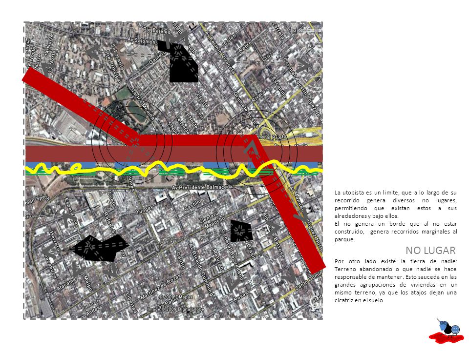 La utopista es un limite, que a lo largo de su recorrido genera diversos no lugares, permitiendo que existan estos a sus alrededores y bajo ellos.