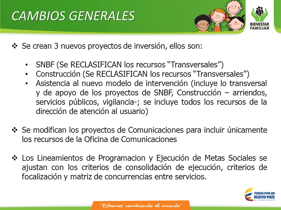 CAMBIOS GENERALES Se crean 3 nuevos proyectos de inversión, ellos son: