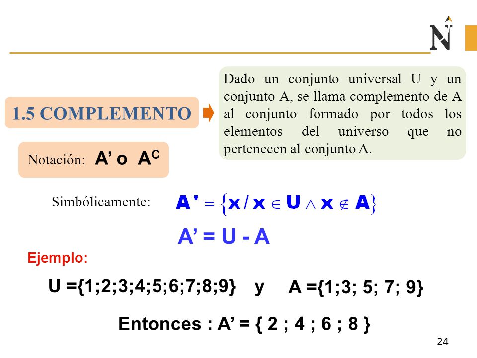 A’ = U - A 1.5 COMPLEMENTO U ={1;2;3;4;5;6;7;8;9} y A ={1;3; 5; 7; 9}