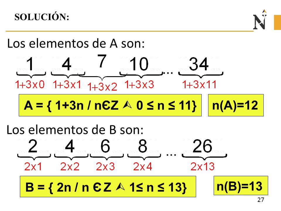 Los elementos de A son: ... Los elementos de B son: ...