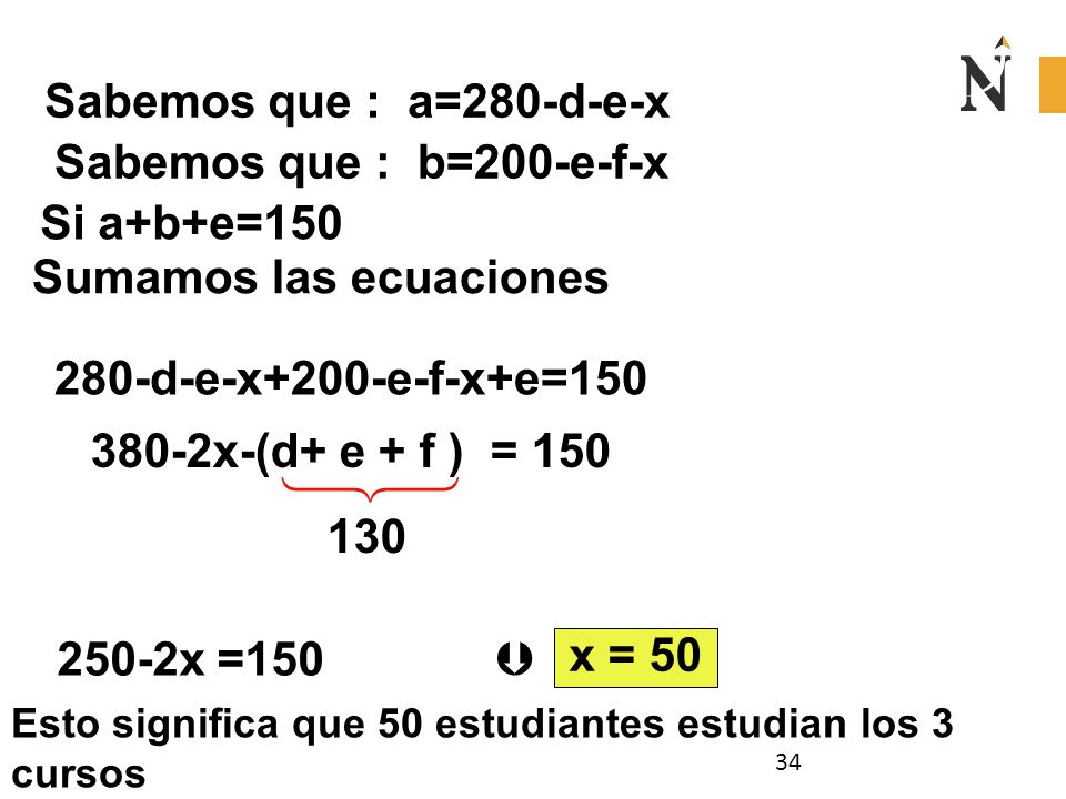  Sabemos que : a=280-d-e-x Sabemos que : b=200-e-f-x Si a+b+e=150
