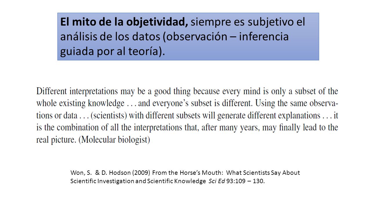 El mito de la objetividad, siempre es subjetivo el análisis de los datos (observación – inferencia guiada por al teoría).