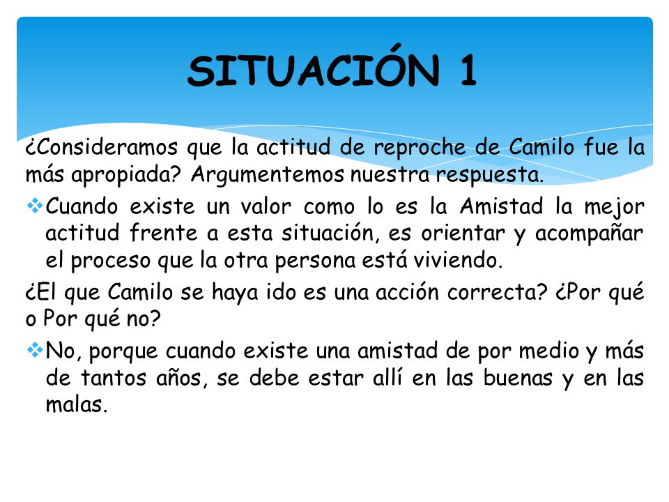 SITUACIÓN 1 ¿Consideramos que la actitud de reproche de Camilo fue la más apropiada Argumentemos nuestra respuesta.