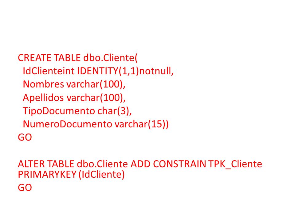 CREATE TABLE dbo.Cliente( IdClienteint IDENTITY(1,1)notnull, Nombres varchar(100), Apellidos varchar(100), TipoDocumento char(3), NumeroDocumento varchar(15)) GO ALTER TABLE dbo.Cliente ADD CONSTRAIN TPK_Cliente PRIMARYKEY (IdCliente)