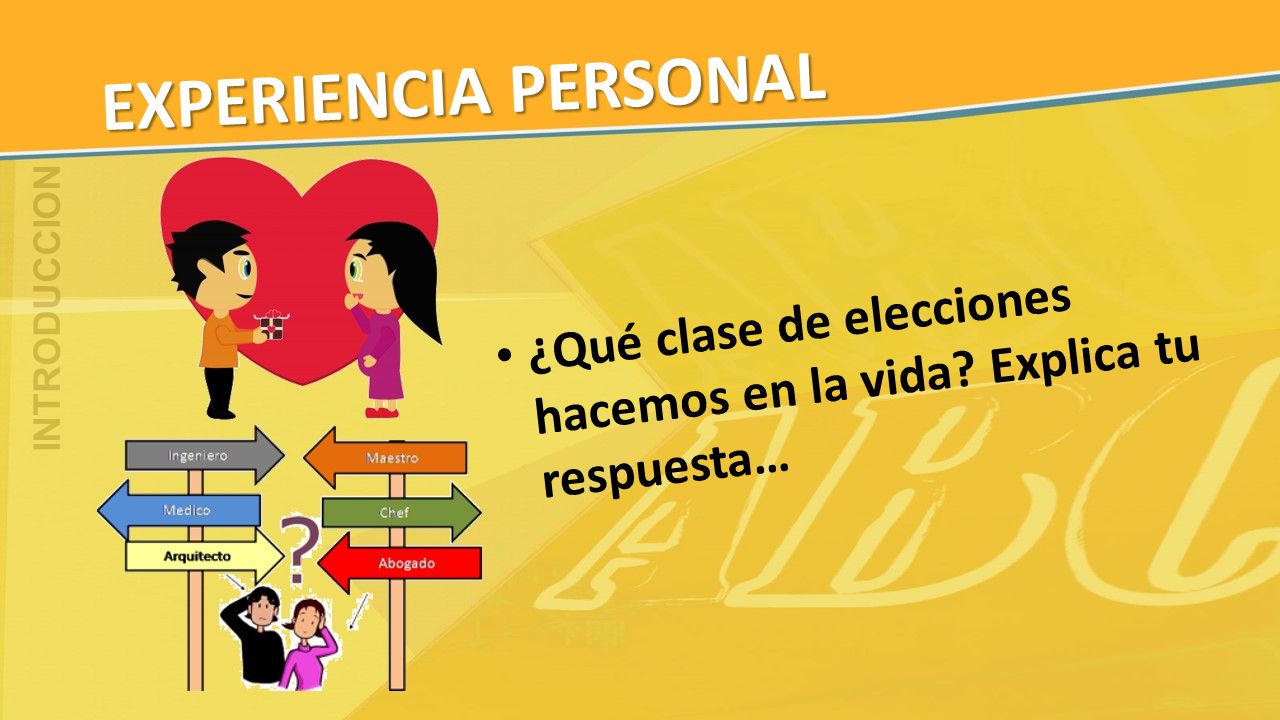 EXPERIENCIA PERSONAL INTRODUCCION. ¿Qué clase de elecciones hacemos en la vida.