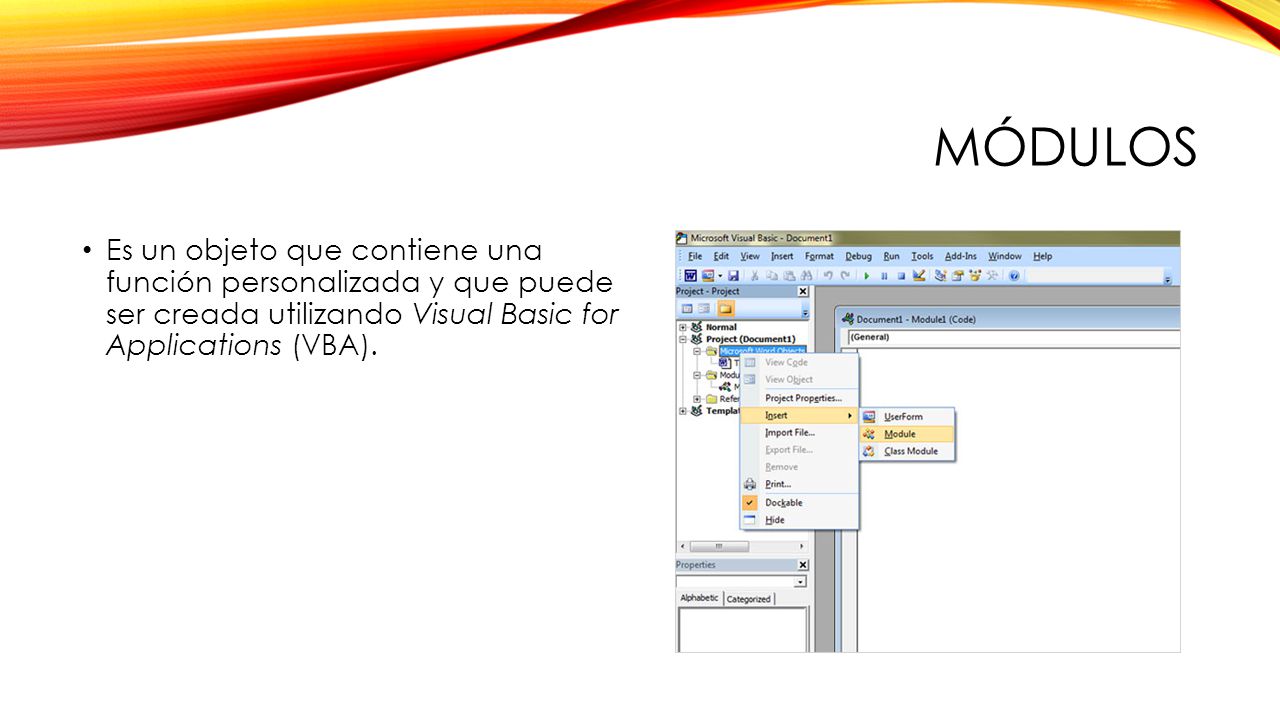 MÓDULOS Es un objeto que contiene una función personalizada y que puede ser creada utilizando Visual Basic for Applications (VBA).