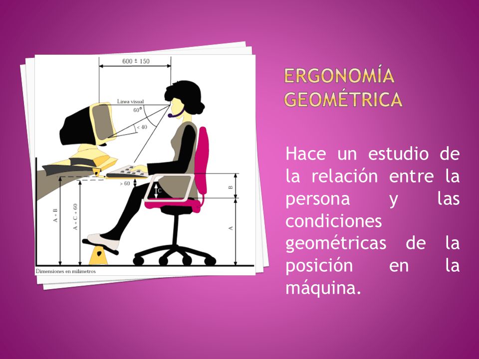 Ergonomía geométrica Hace un estudio de la relación entre la persona y las condiciones geométricas de la posición en la máquina.