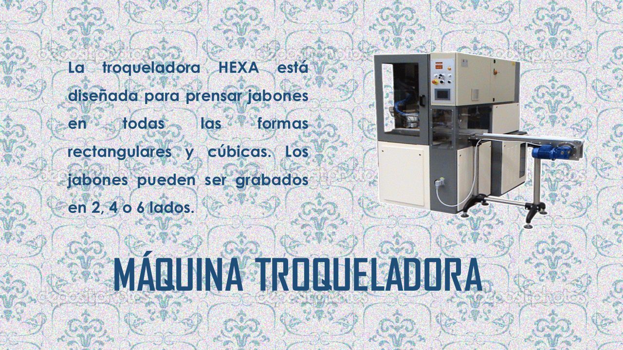 La troqueladora HEXA está diseñada para prensar jabones en todas las formas rectangulares y cúbicas. Los jabones pueden ser grabados en 2, 4 o 6 lados.