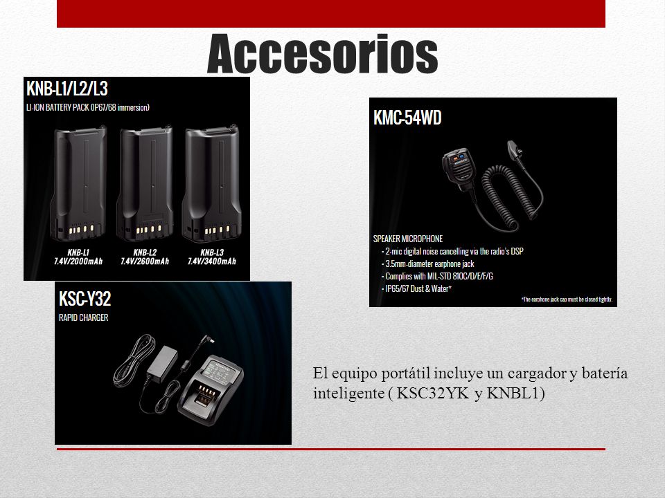 Accesorios El equipo portátil incluye un cargador y batería inteligente ( KSC32YK y KNBL1)