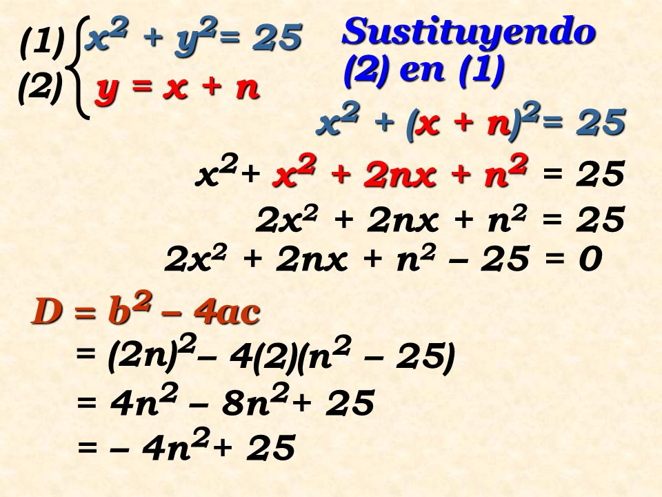 (1) x2 + y2= 25. Sustituyendo (2) en (1) (2) y = x + n. x2 + (x + n)2= 25. x2+ x2 + 2nx + n2 = 25.