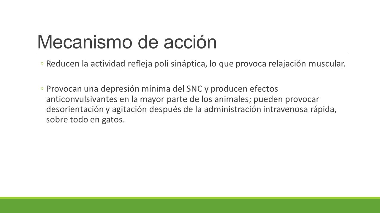 Mecanismo de acción Reducen la actividad refleja poli sináptica, lo que provoca relajación muscular.