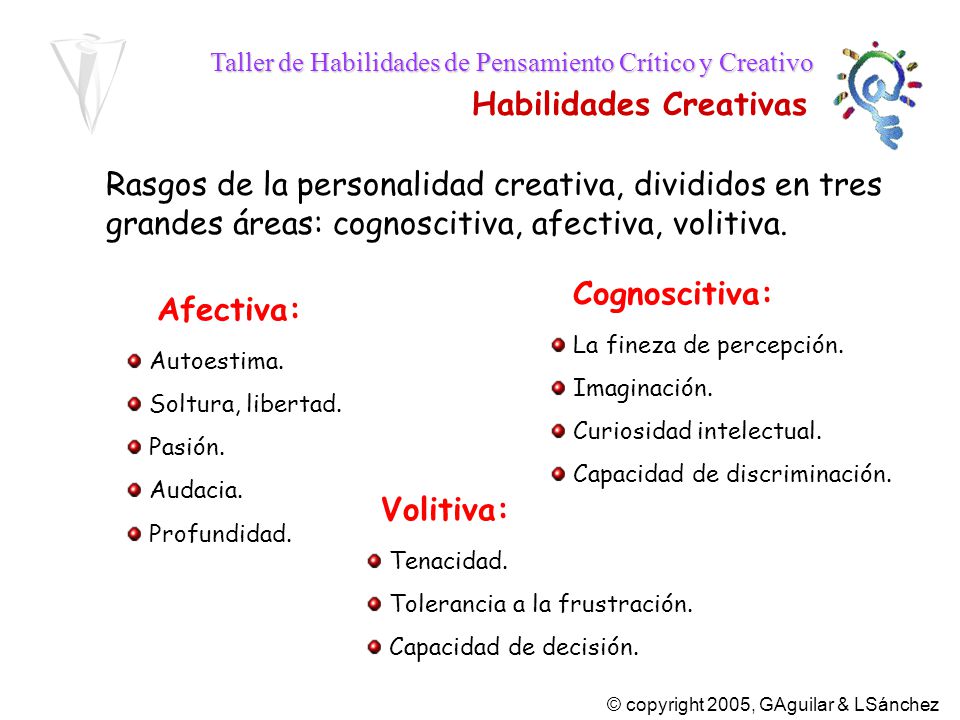 Rasgos de la personalidad creativa, divididos en tres grandes áreas: cognoscitiva, afectiva, volitiva.
