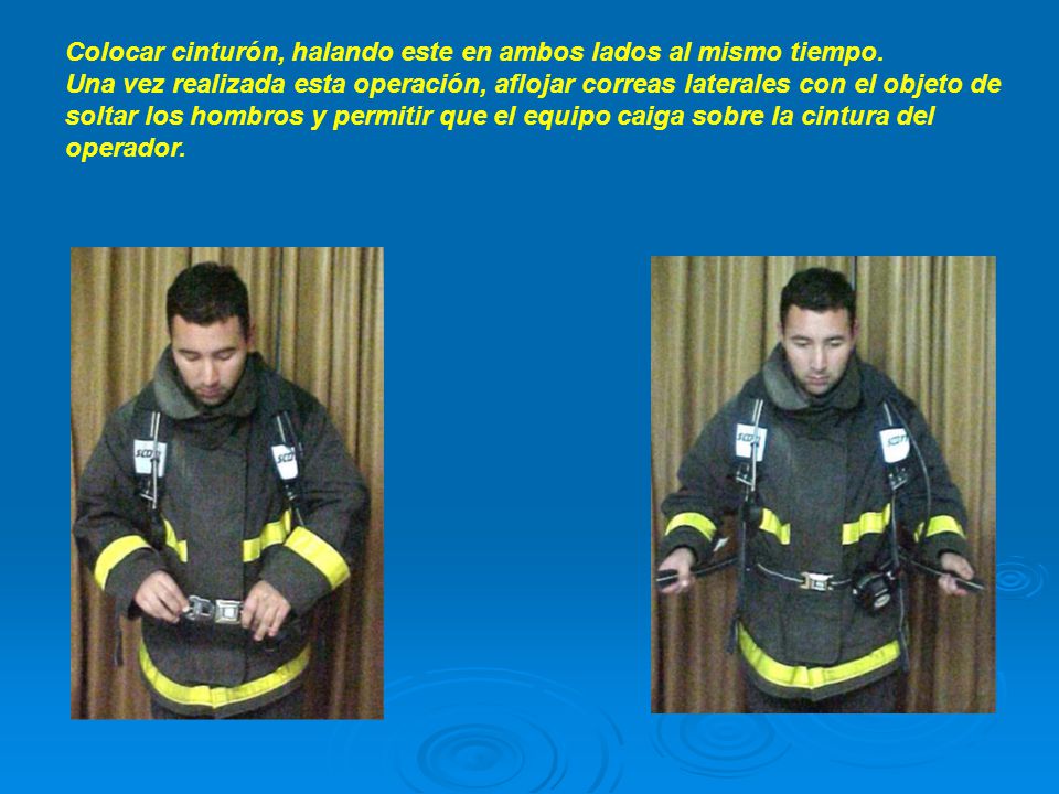 Colocar cinturón, halando este en ambos lados al mismo tiempo.