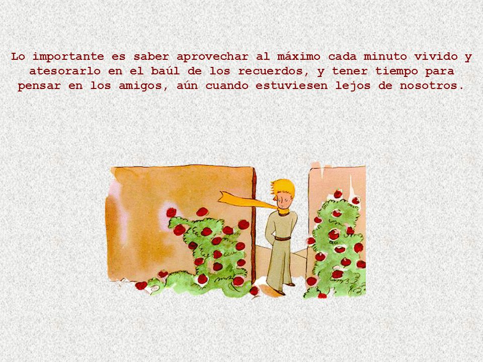 Lo importante es saber aprovechar al máximo cada minuto vivido y atesorarlo en el baúl de los recuerdos, y tener tiempo para pensar en los amigos, aún cuando estuviesen lejos de nosotros.