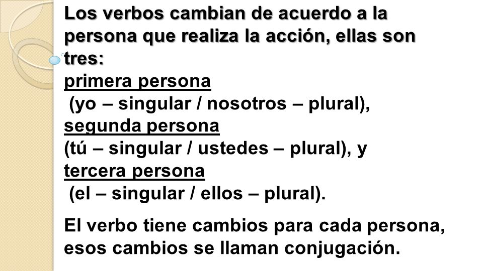Los verbos cambian de acuerdo a la persona que realiza la acción, ellas son tres: