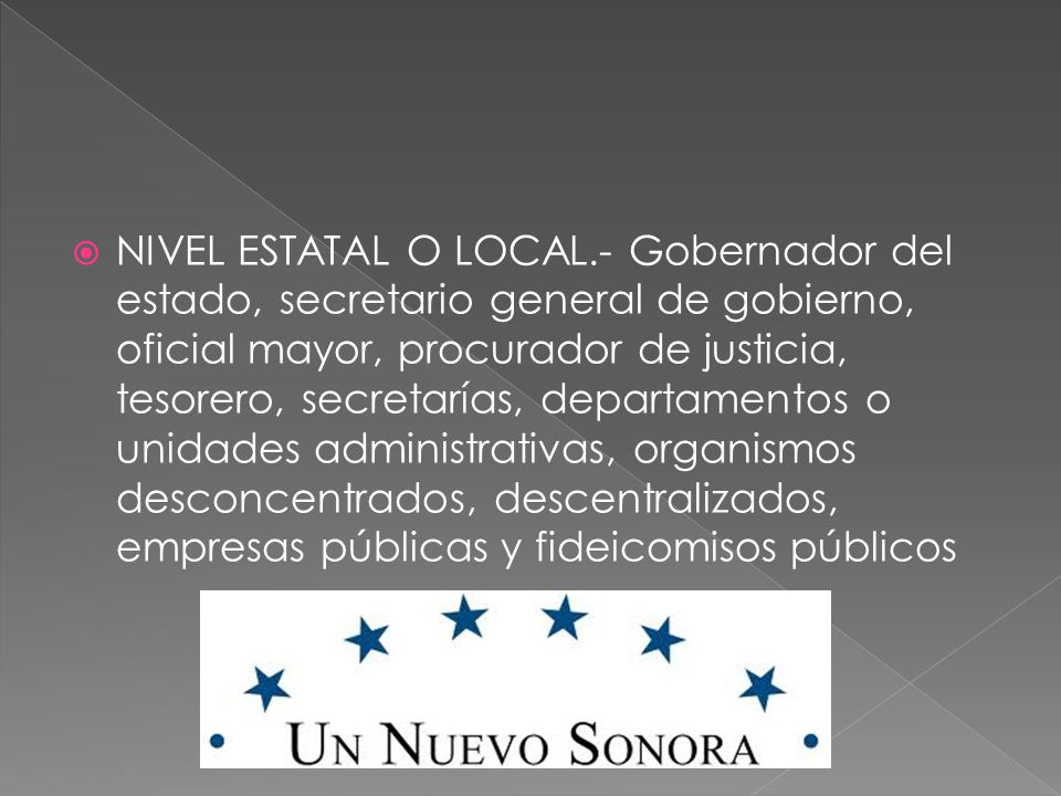 NIVEL ESTATAL O LOCAL.- Gobernador del estado, secretario general de gobierno, oficial mayor, procurador de justicia, tesorero, secretarías, departamentos o unidades administrativas, organismos desconcentrados, descentralizados, empresas públicas y fideicomisos públicos