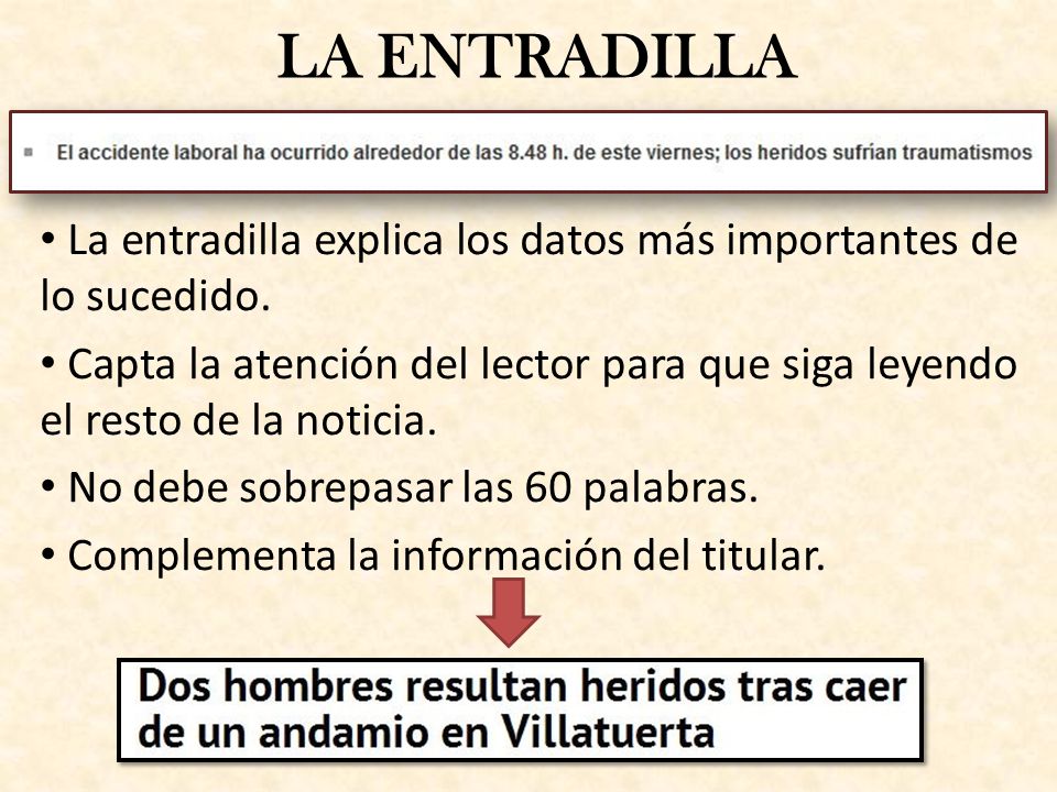 LA ENTRADILLA La entradilla explica los datos más importantes de lo sucedido.