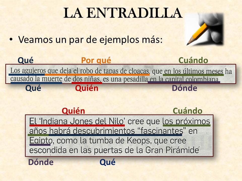 LA ENTRADILLA Veamos un par de ejemplos más: Qué Por qué Cuándo Qué