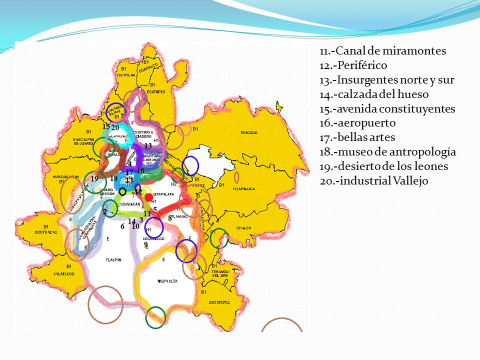 11.-Canal de miramontes 12.-Periférico. 13.-Insurgentes norte y sur. 14.-calzada del hueso. 15.-avenida constituyentes.