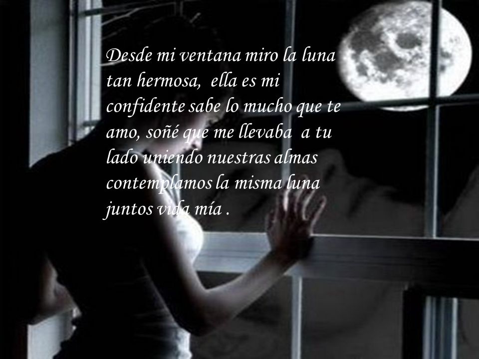 Desde mi ventana miro la luna tan hermosa, ella es mi confidente sabe lo mucho que te amo, soñé que me llevaba a tu lado uniendo nuestras almas contemplamos la misma luna juntos vida mía .