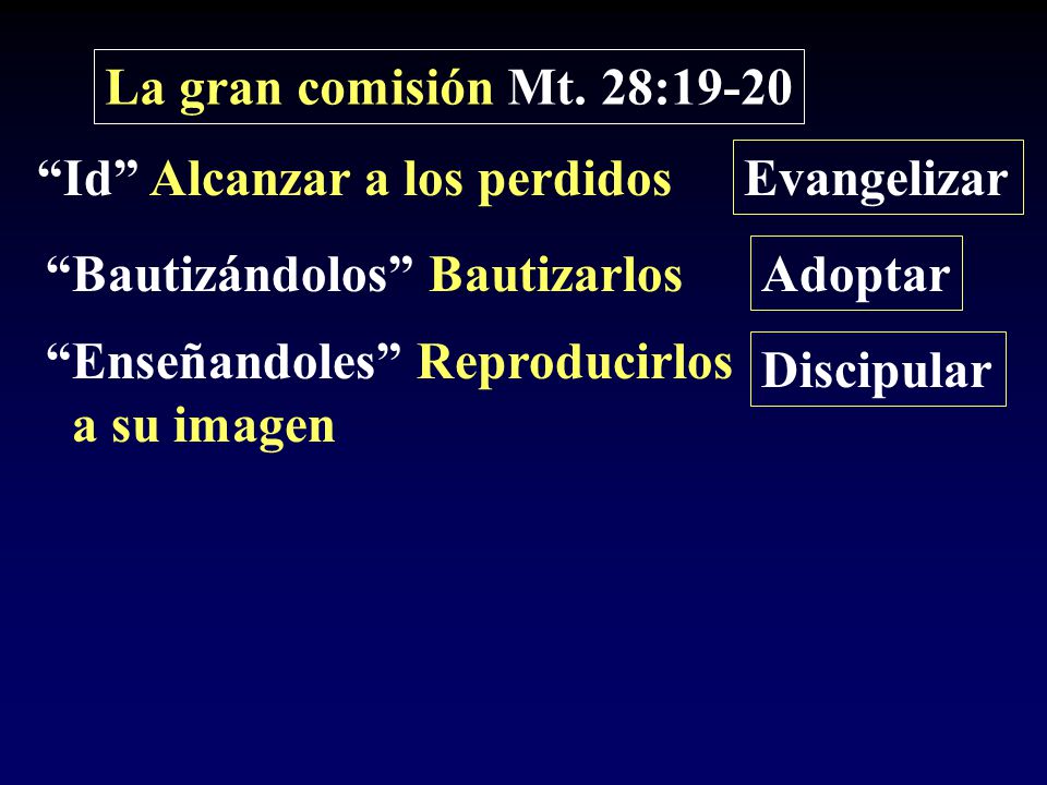 La gran comisión Mt. 28:19-20 Id Alcanzar a los perdidos. Evangelizar. Bautizándolos Bautizarlos.