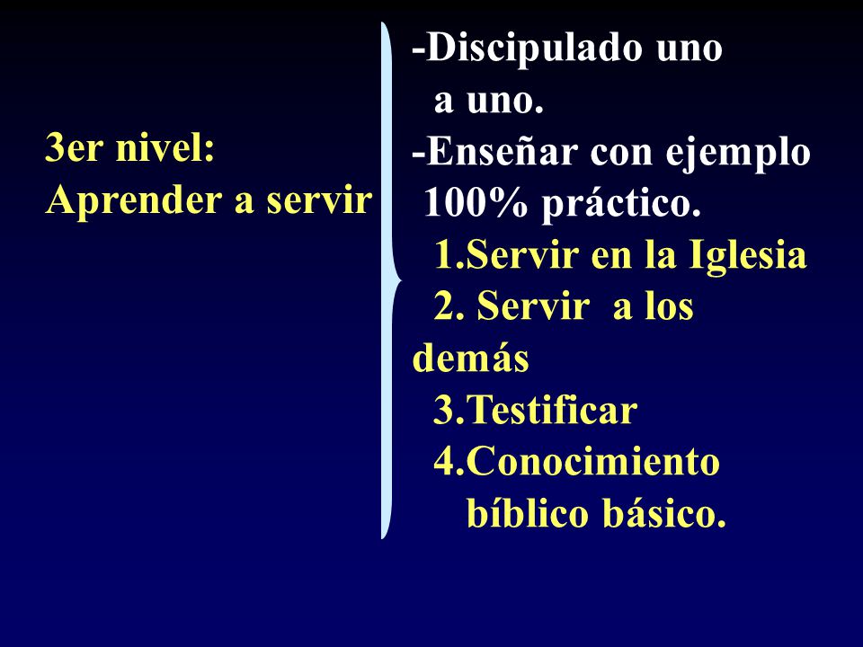 -Discipulado uno a uno. -Enseñar con ejemplo. 100% práctico. 1.Servir en la Iglesia. 2. Servir a los demás.