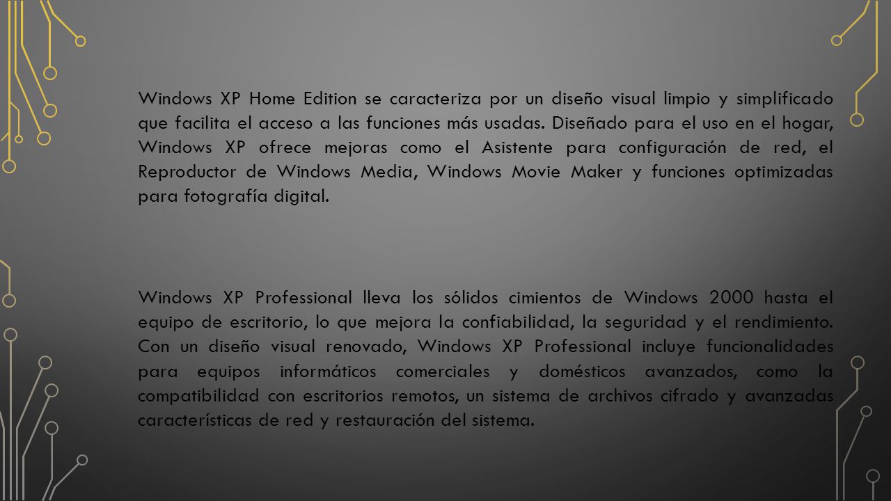 Windows XP Home Edition se caracteriza por un diseño visual limpio y simplificado que facilita el acceso a las funciones más usadas.