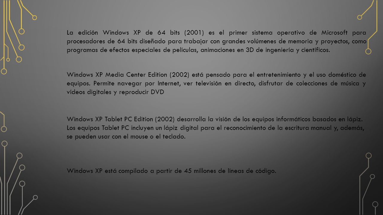 La edición Windows XP de 64 bits (2001) es el primer sistema operativo de Microsoft para procesadores de 64 bits diseñado para trabajar con grandes volúmenes de memoria y proyectos, como programas de efectos especiales de películas, animaciones en 3D de ingeniería y científicos.