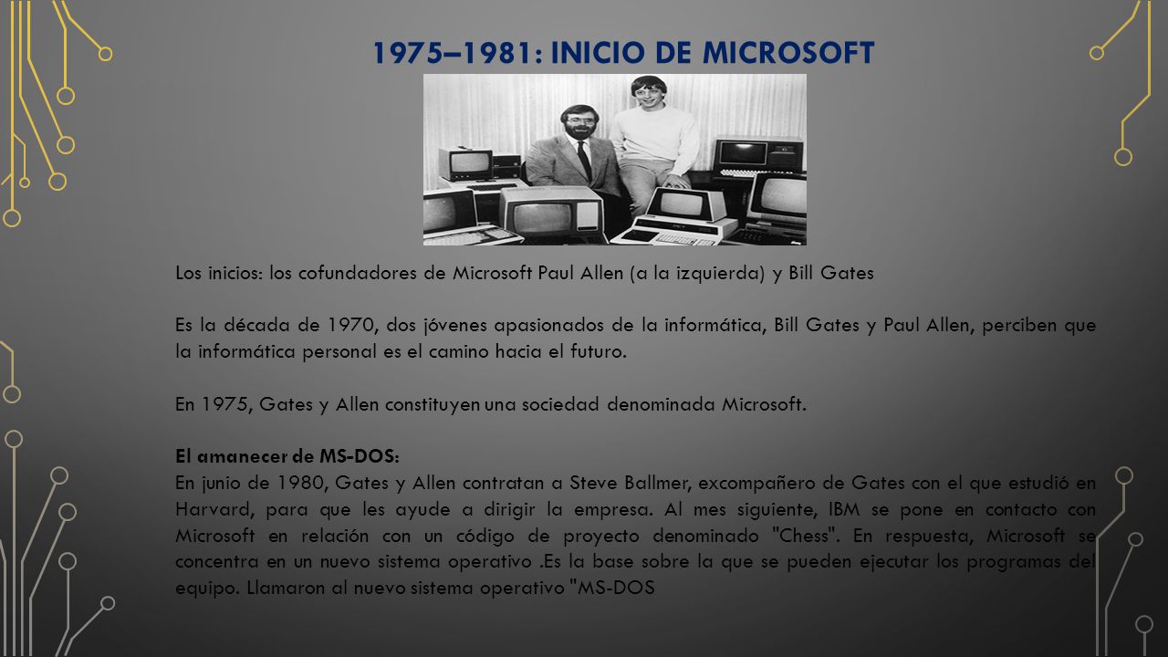 1975–1981: inicio de Microsoft Los inicios: los cofundadores de Microsoft Paul Allen (a la izquierda) y Bill Gates.